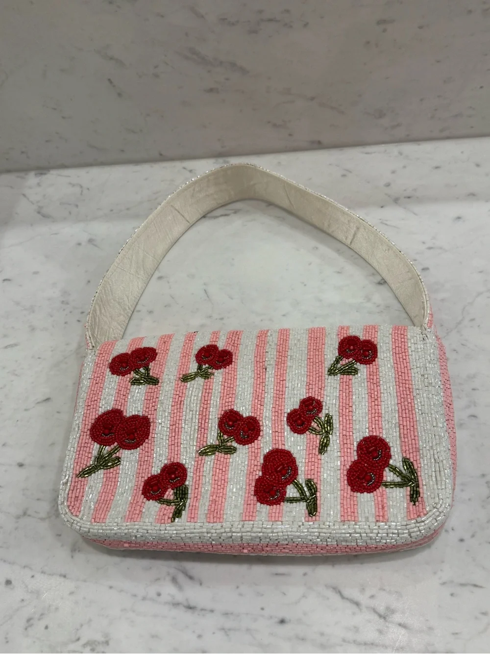 🍒Handcrafted in India Viral Beaded Cherry Shoulder Bag Cherries Pink Striped - Picture 7 of 13